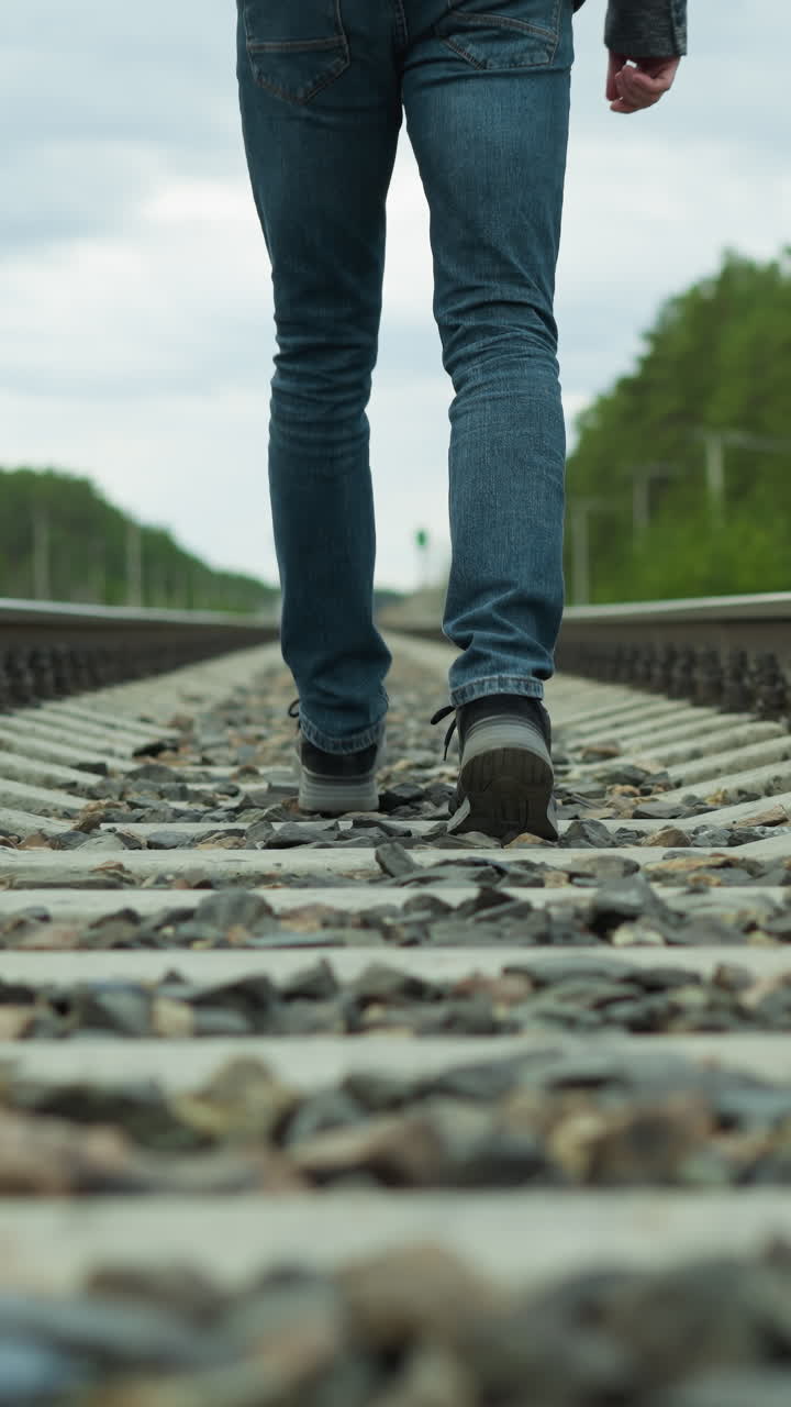 una vista de cerca de las piernas de un hombre, vestido con vaqueros y zapatos de lona, caminando solo por las vías del ferrocarril rodeado de árboles densos y postes eléctricos