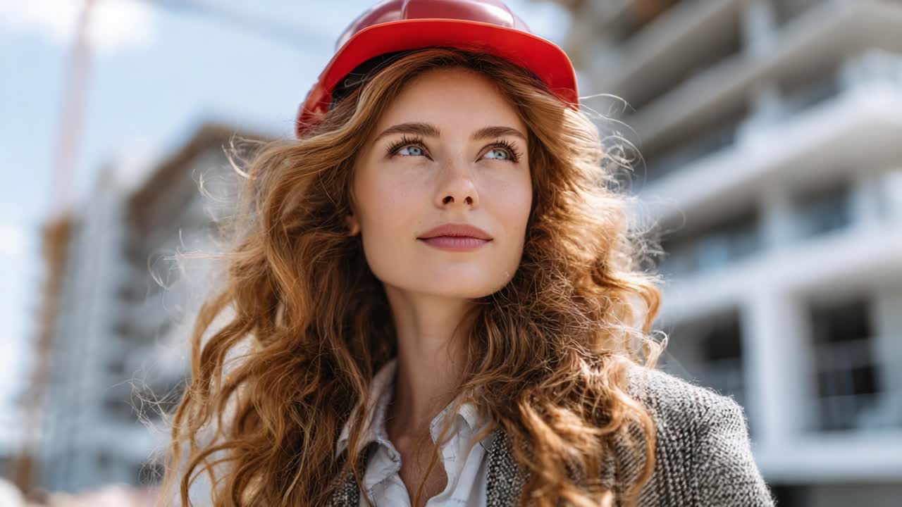 Confident Woman in Construction Helmet Gazes Into the Future, Symbolizing Empowerment and Strength in the Field of Architecture and Engineering