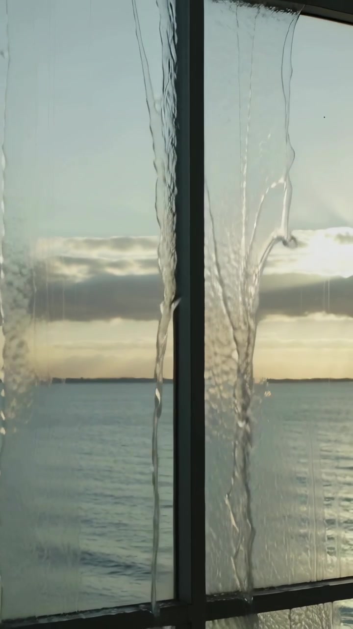 Vertical video: Framing shot revealing central wet mullion and rivulets on window, sea glinting