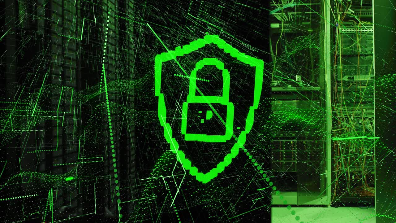 animación de bloqueo en escudo, líneas y ondas dinámicas sobre sistemas de servidor de datos iluminados