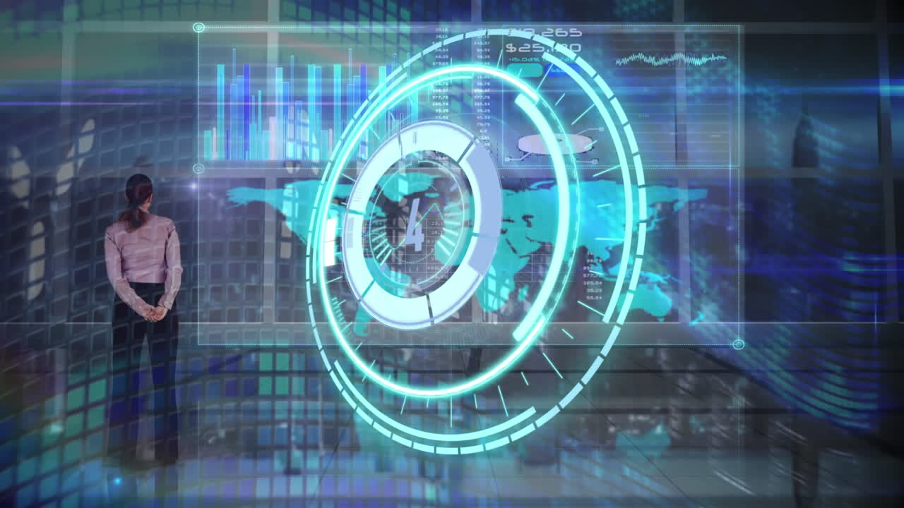 animación de la cuenta atrás sobre el escáner redondo contra la vista trasera de la mujer de negocios y el procesamiento de datos