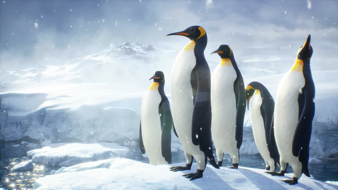 los pingüinos emperador se paran en un enorme iceberg y admiran el paisaje polar invernal. enormes glaciares altos en condiciones naturales de invierno. la animación loopable es perfecta para fondos naturales y animales.
