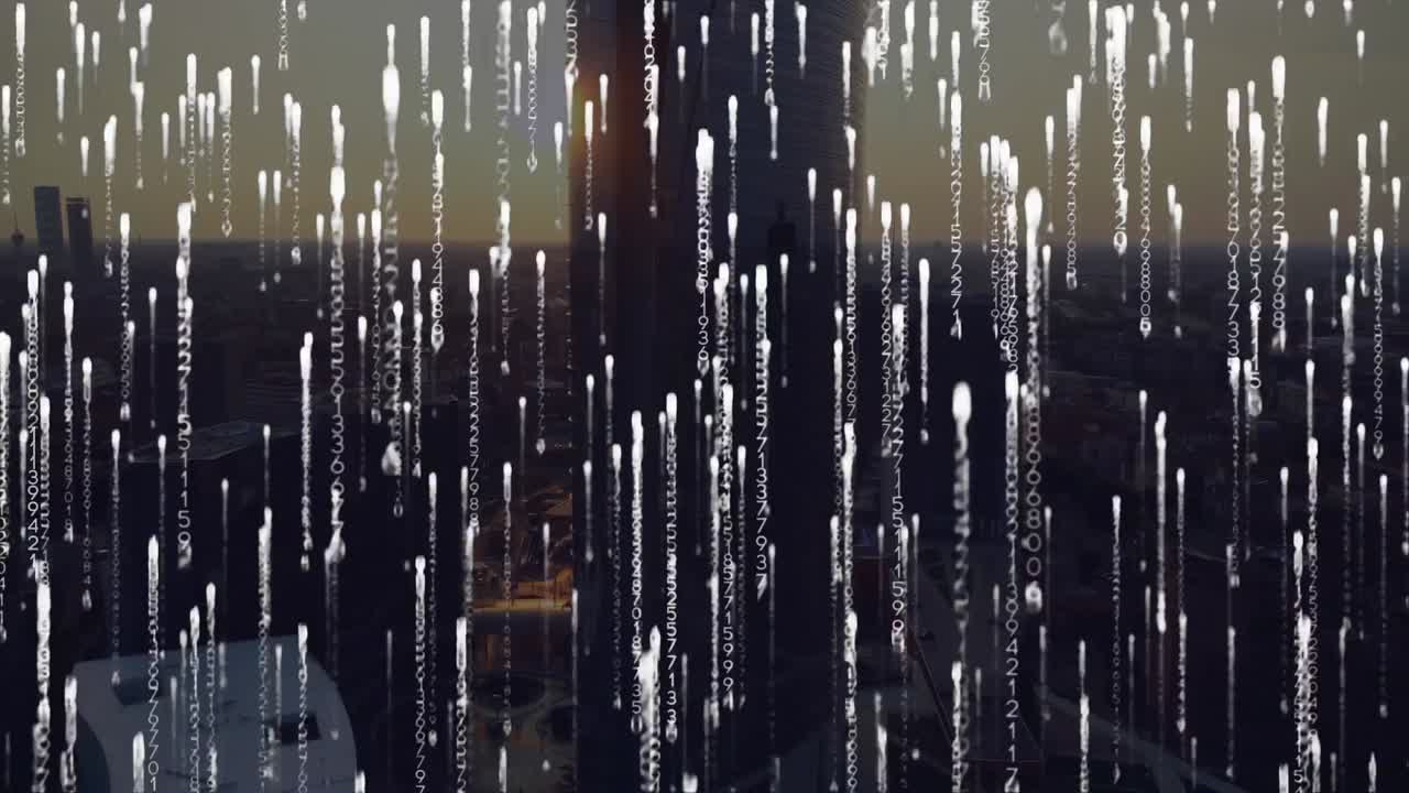 도시 풍경 위의 데이터 처리 애니메이션