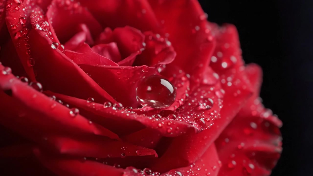 Un Magnifique Gros Plan d'une Rose Rouge avec des Gouttes de Rosée, Captivant la Beauté de la Nature sur un Fond de Velours Sombre, Symbolisant l'Amour et la Passion