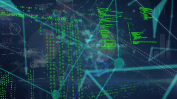 Animation of globe with network of connections and data processing