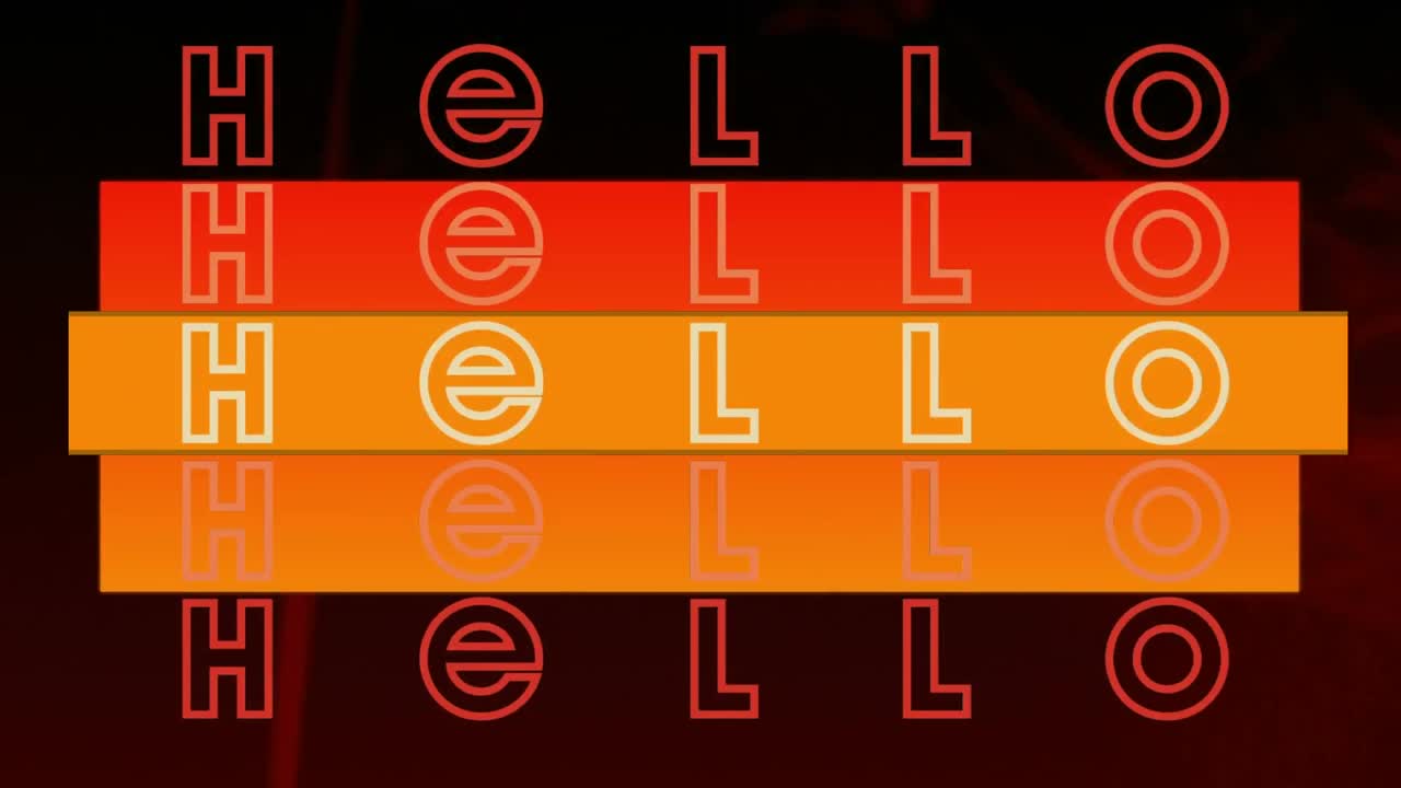 Animation of hello text and shapes on black background