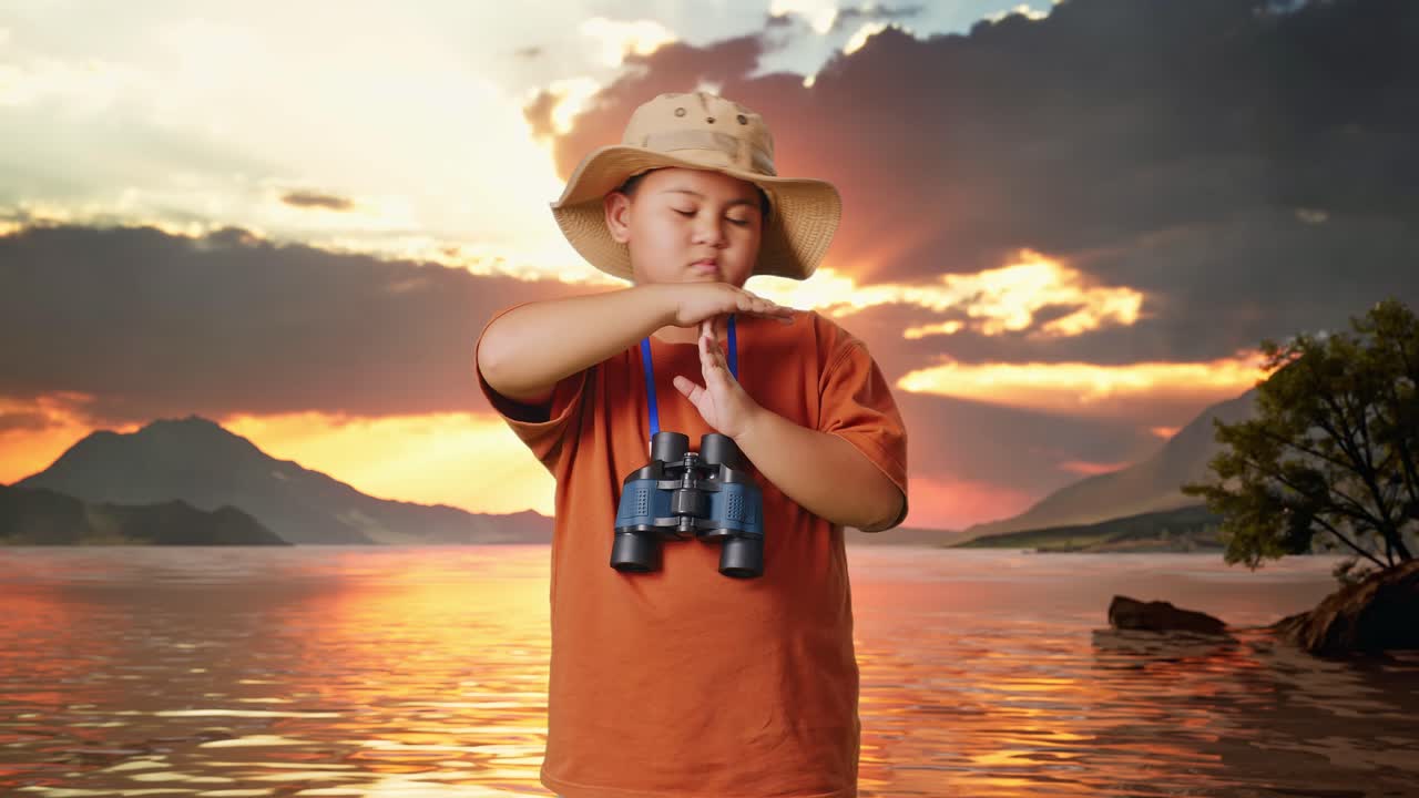 Asian Boy With A Hat And Binoculars Shaking Head Showing Time Out Gesture At A Lake. Boy Researcher, Travel Tourism Adventure Concept