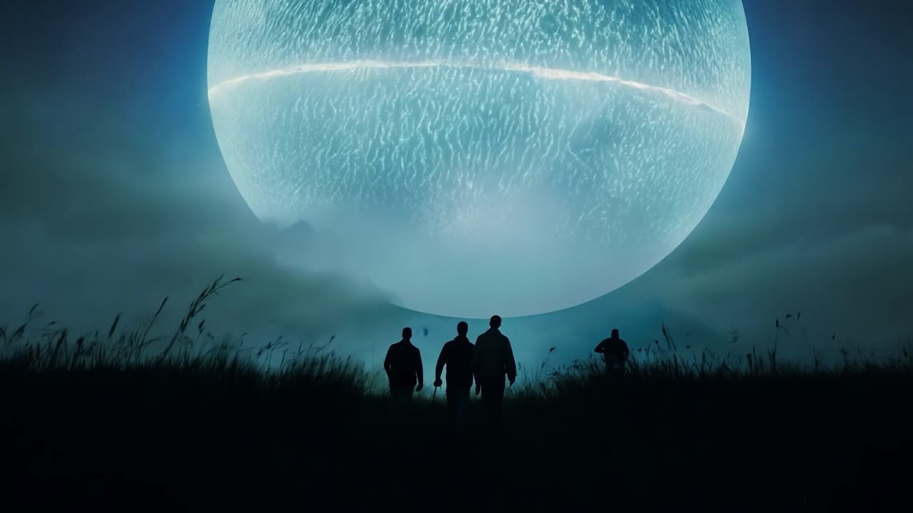 Four Men Silhouetted Against a Glowing Sphere in a Field