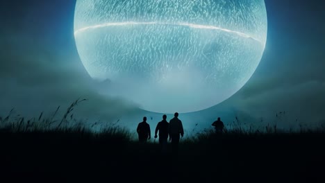 four men silhouetted against a glowing sphere in a field