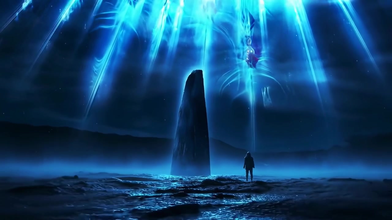 Persona in piedi davanti a un monolito sotto misteriosi fasci di luce blu