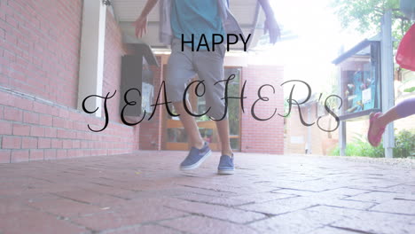 Animation of happy teachers day text over diverse schoolchildren smiling and running