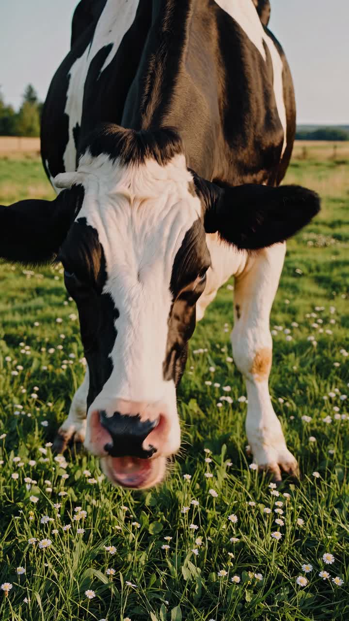 Close-up, low-angle shot of a cow grazing in a field, capturing a serene, pastoral scene ideal