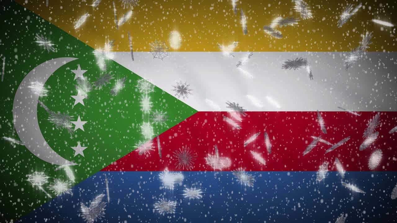 Comoros flag falling snow loopable, New Year and Christmas background, loop