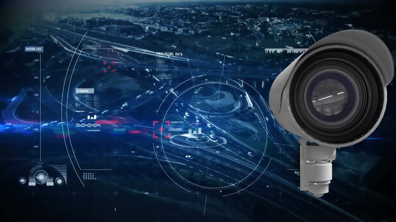 animación de escaneo de alcance y procesamiento de datos con cámara de cctv sobre el paisaje urbano