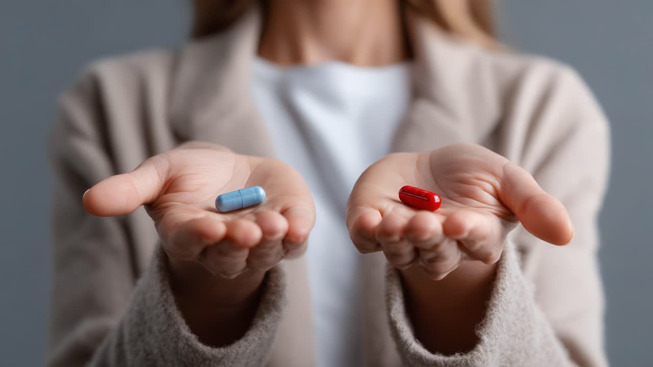 A Thoughtful Decision: Choosing Between Two Distinct Paths Represented by Blue and Red Pills in Open Hands Symbolizing Choices and Consequences