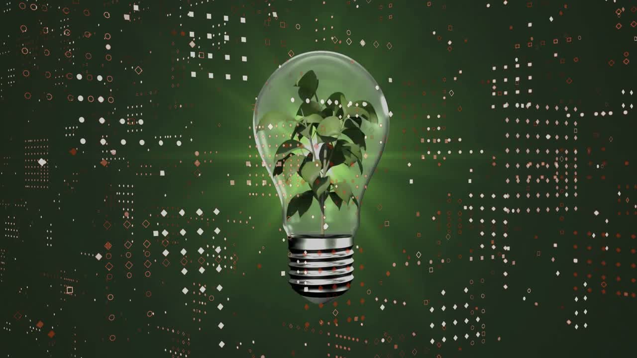 Green plant growing inside transparent lightbulb floating in dark digital space with data shapes