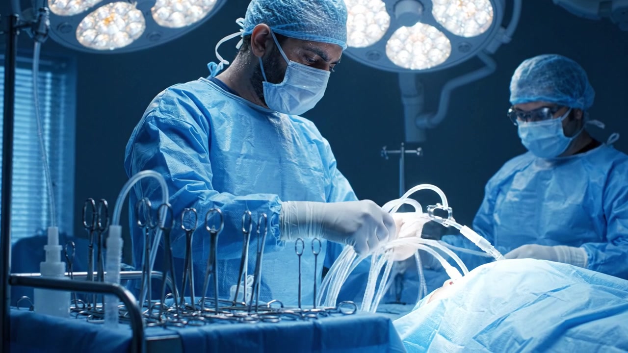 Surgeon Focuses on Surgical Instruments in a Well-Illuminated Operating Room, Preparing for a Complex Medical Procedure Surrounded by Advanced Equipment