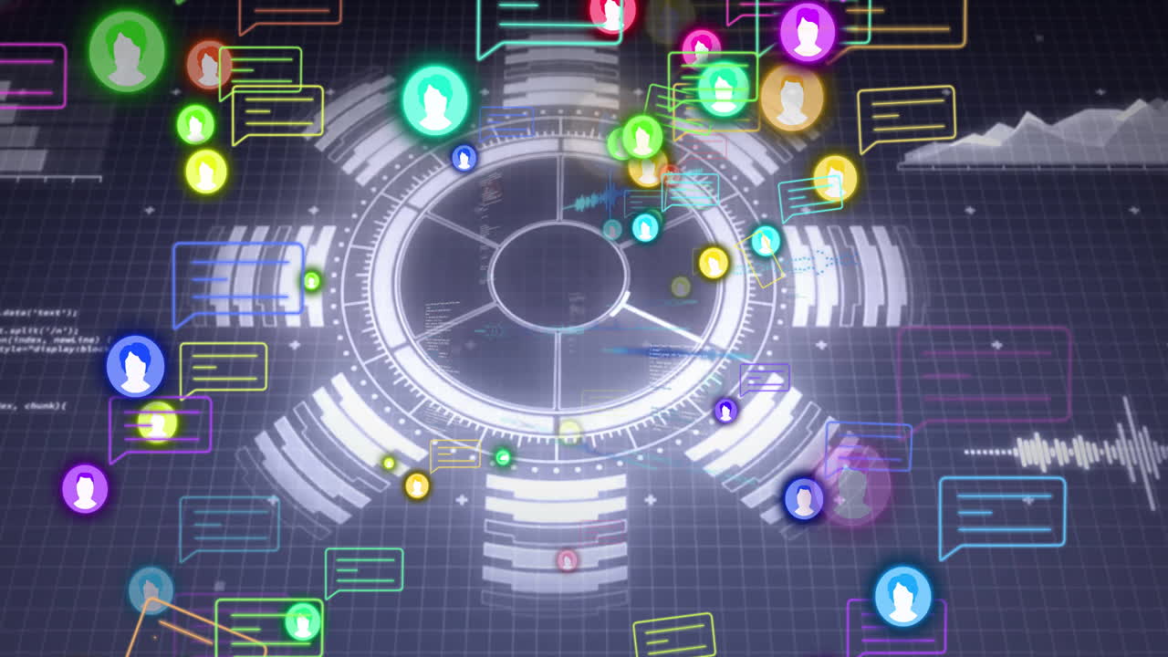 Central circular hub rotating amid segmented rings, user icons and chat bubbles illuminating grid