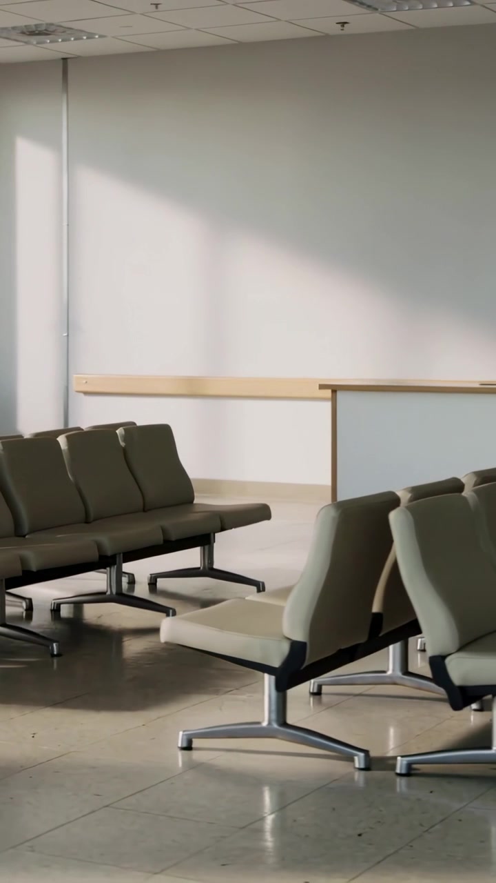 Vertical video: Panning camera revealing bench seating in waiting area, showing window and debris