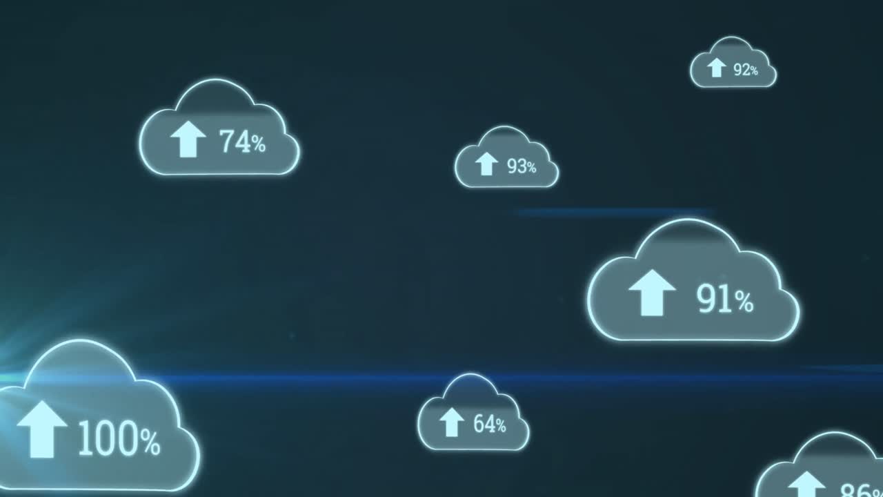 푸른 배경에 반 ⁇ 이는 빛으로 100까지 올라가는 퍼센트와 함께 구름의 애니메이션