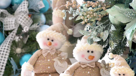 beautiful decorated christmas trees and snowmen in detail