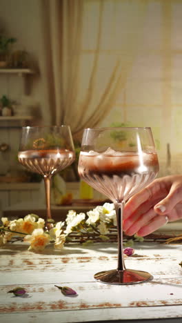 a hand lifts a crystal coupe filled with chilled rosé spritz cocktail or ice tea over ice from a rustic white table strewn with cream blossoms, bathed in warm sunlight for a relaxed summer vibe.