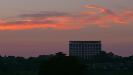 amplio amanecer timelapse de un edificio de oficinas alto y árboles silueteados en primer plano
