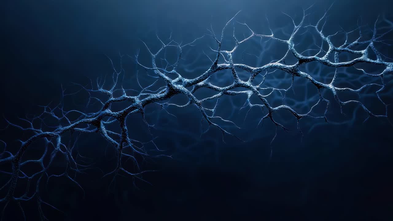 Aerial view of a network of neuron-like branches against a dark background, resembling a scientific