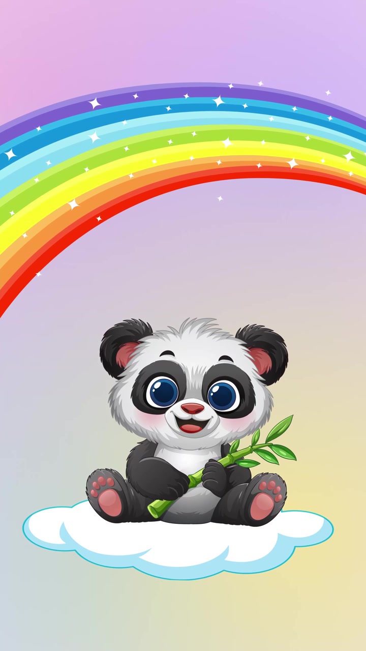 Cucciolo di panda animato che tiene il bambù, seduto su una nuvola sotto uno sfondo arcobaleno scintillante.