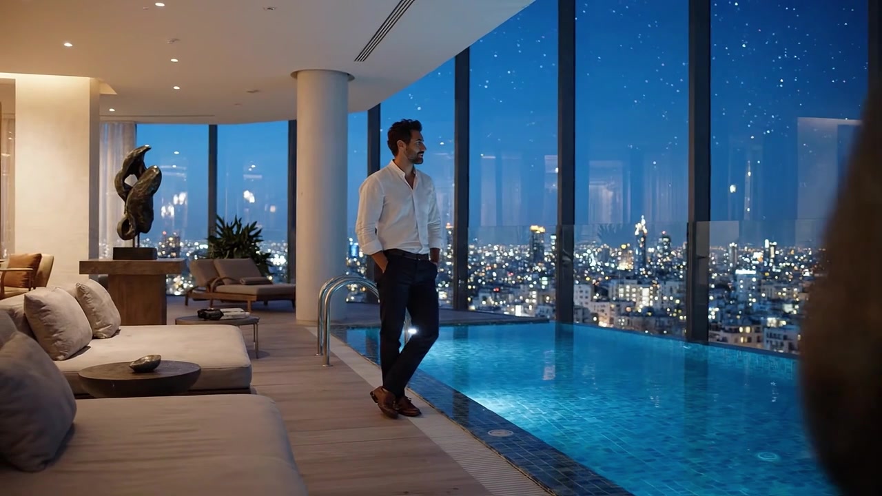 Elegant aften på en højtliggende pool-lounge med fantastisk udsigt over byen under en stjerneklar nat, der fremviser moderne arkitektur og luksuriøs komfort