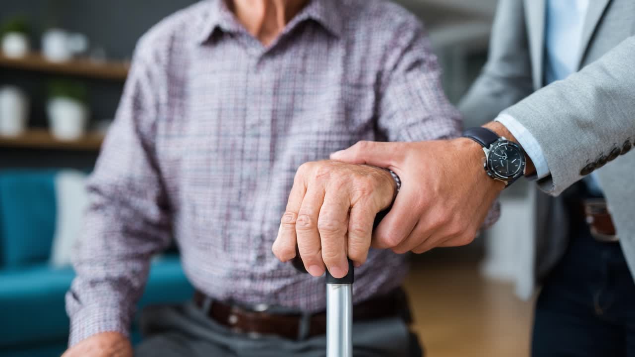 A Caring Gesture: Two Frames Capturing the Supportive Moment Between a Caregiver and an Elderly Individual Using a Walking Stick