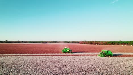 two green cotton combines pickers meets on a huge farm field