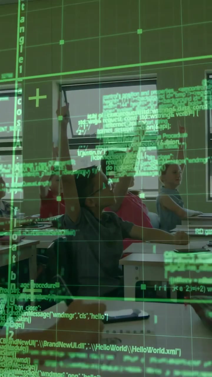Vertical video: Students raising hands answering as teacher entering pointing green code overlaying