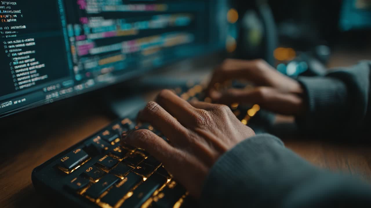 Engaged in Coding: A Close-Up of Hands Typing Intently on a Backlit Keyboard, Surrounded by Coding Text and Technology in an Ambient Working Environment