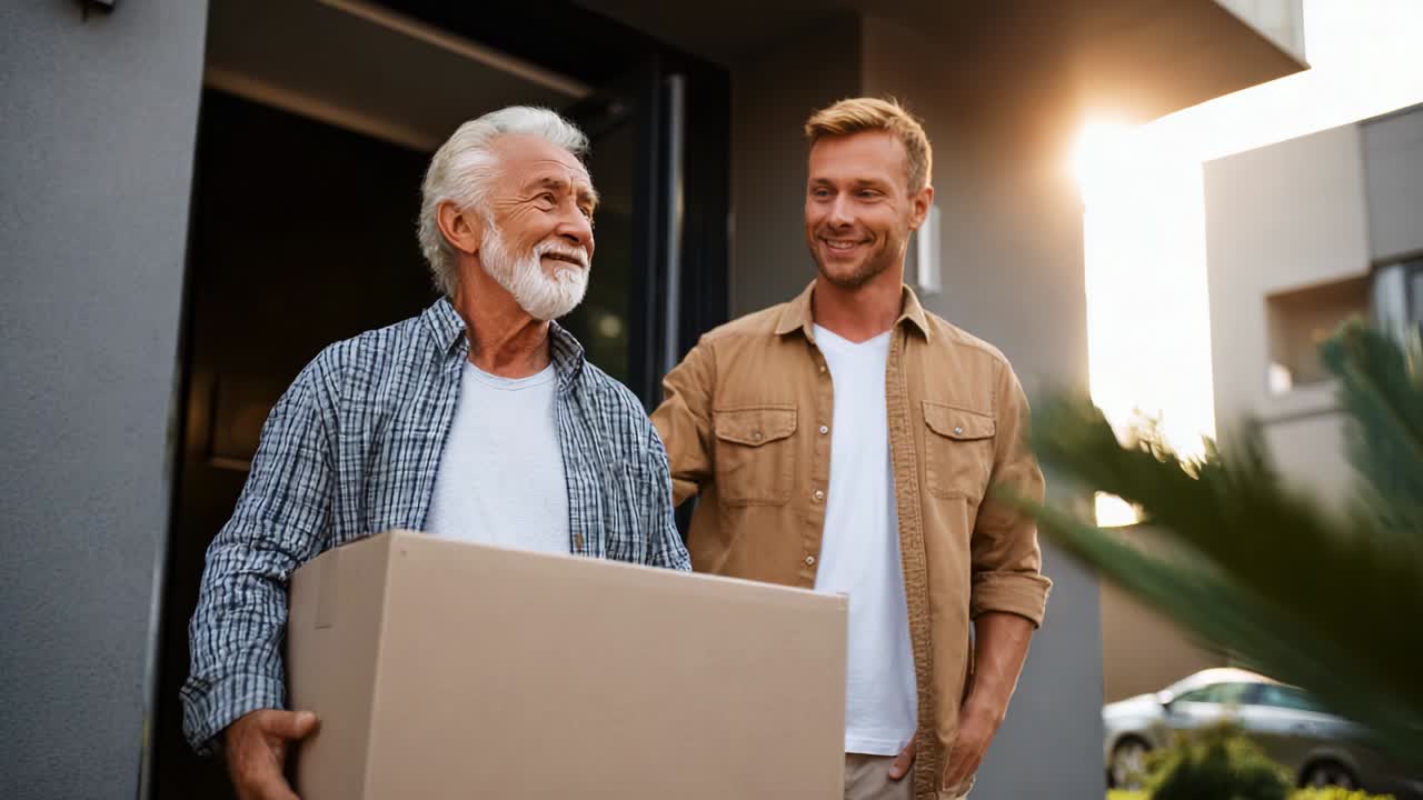 A Heartwarming Moment of Connection: A Smiling Older Man Receives a Package from a Younger Man, Reflecting Generational Bonds and the Joy of Sharing in the Warm Glow of Sunset