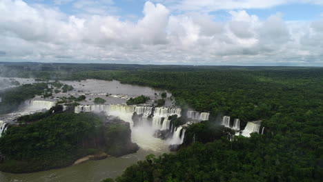 panoramic wide view of iguazu falls cascading in crescent shape in lush forest