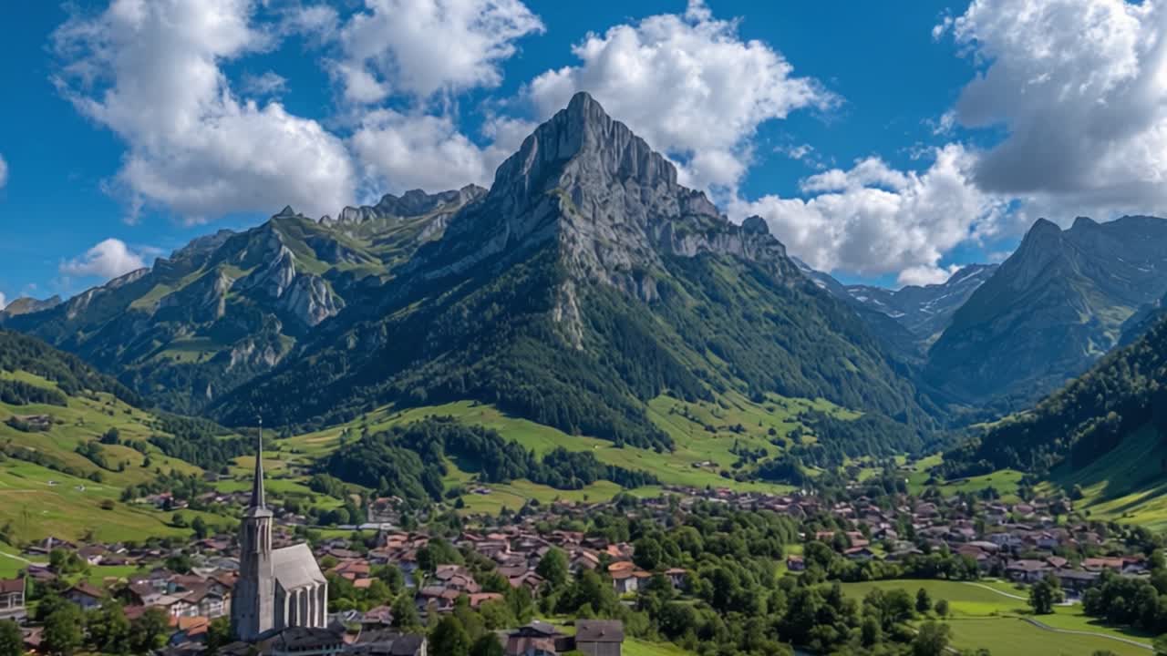 Eine atemberaubende Aussicht auf majestätische Berggipfel, die ein charmantes Dorf überblicken, umgeben von üppig grünen Hügeln und malerischen Landschaften unter strahlend blauem Himmel.