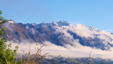 snow-capped mountains and lush greenery enveloped in gentle fog under clear blue skies. captured in glenorchy, new zealand
