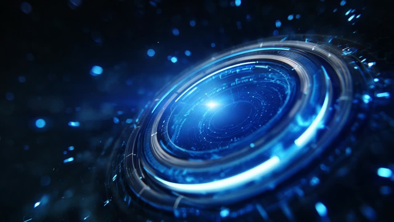 Futuristic Circular Digital Interface Representing Advanced Technology with Pulsating Lights and a Bright Center Glowing at the Core, Conveying a Sense of Depth and Movement in a Sci-Fi Aesthetic