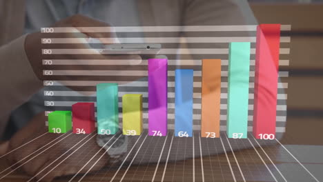 animation of statistics processing over businessman using smartphone