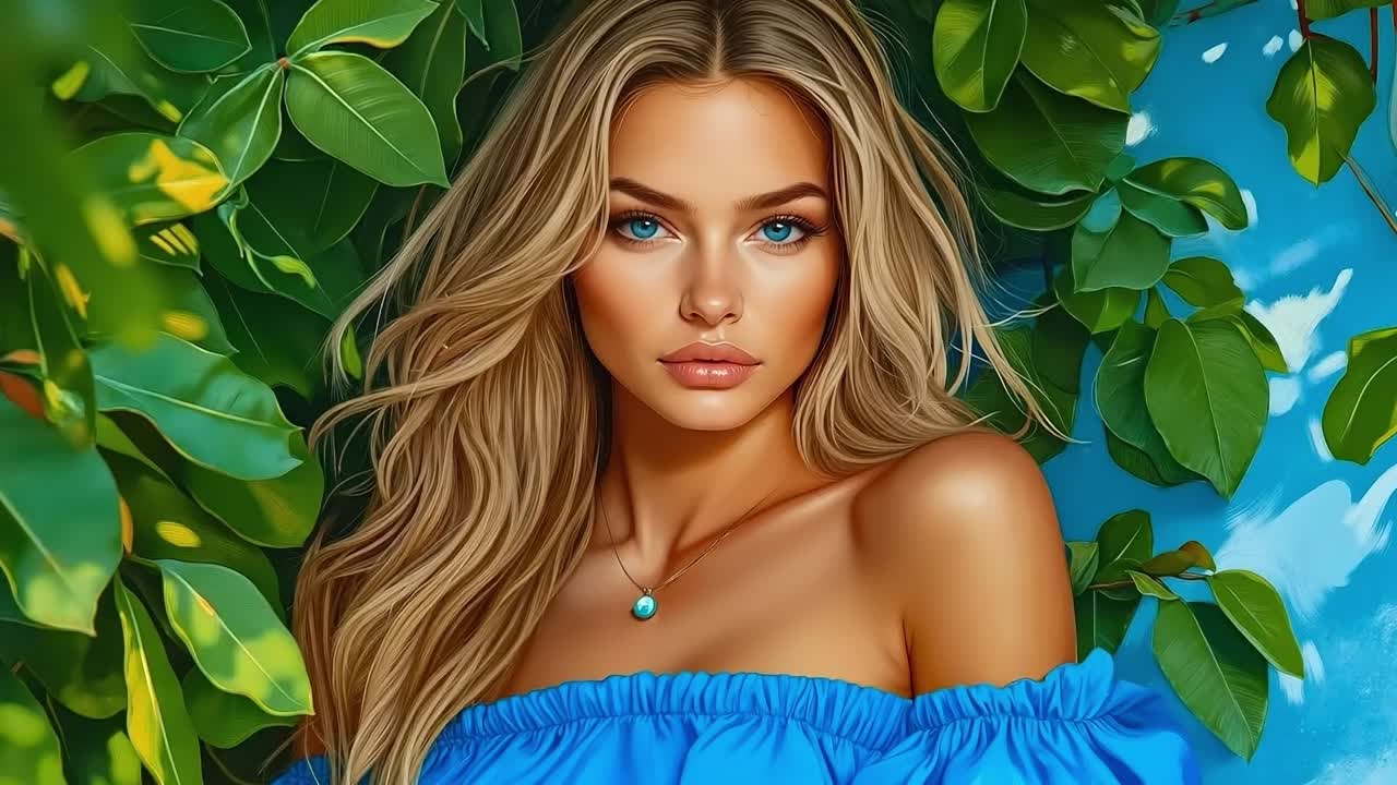 женщина в синем платье стоит перед деревом