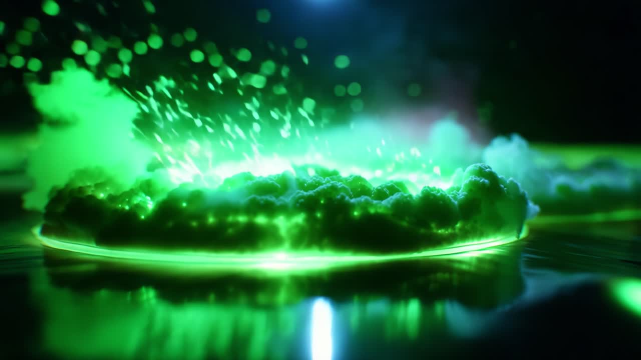 A mesmerizing display of green luminous particles emanating from a circular glowing formation resembling clouds, creating an enchanting atmosphere filled with ethereal light and vibrant energy interactions