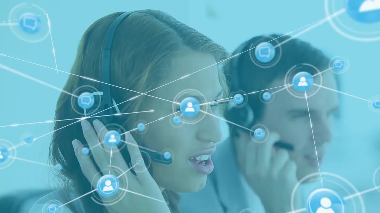 animación de la red de conexiones con iconos sobre diversas personas de negocios que usan auriculares telefónicos