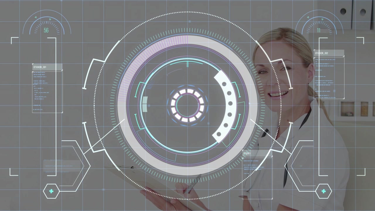 Female medical pro using tablet, initiating HUD growing and settling, reviewing patient records