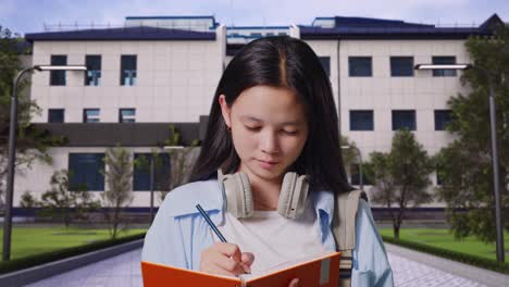 close up of asian teen girl student with a backpack smiling and taking note on notebook while standing in front of a school building