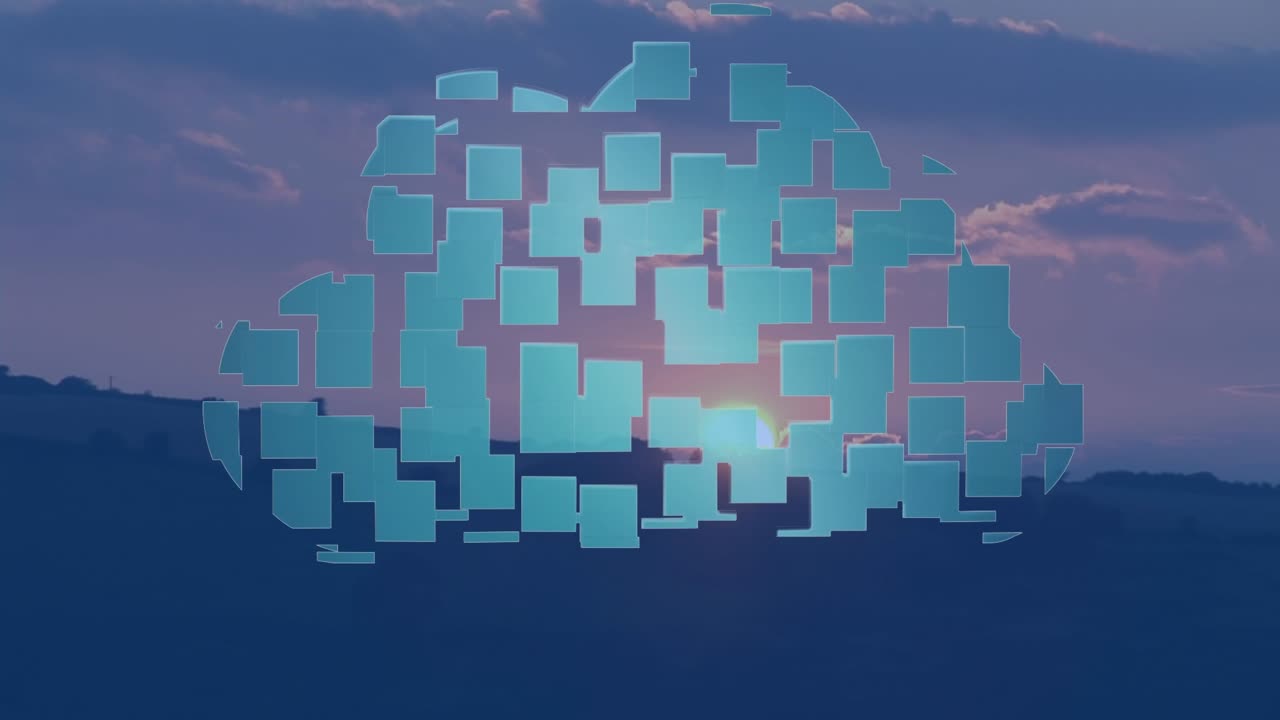 Blue cloud icon landscape with mountains and sunset sky