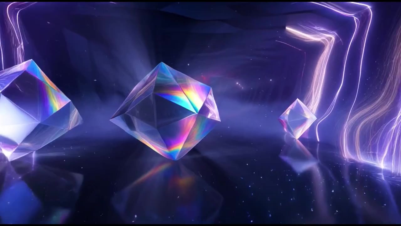 Fundo Abstrato em Movimento com Cristais Flutuantes e Raios de Luz Arco-Íris