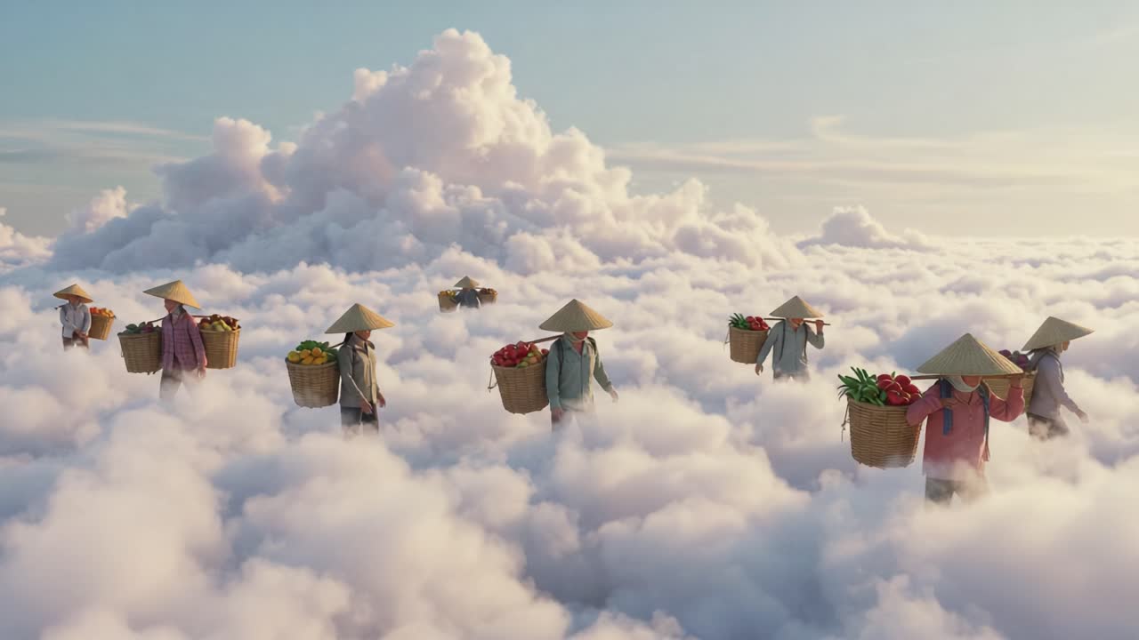 In a surreal landscape above the clouds, a group of diligent farmers traverses the ethereal expanse, carrying their vibrant harvests of vegetables and fruits in woven baskets