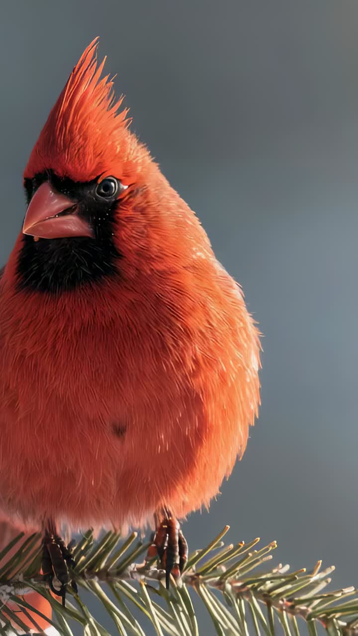 Video verticale: la fotocamera mette a fuoco un cardinale settentrionale maschio che gira la testa su un ramoscello di abete, stringendo gli artigli