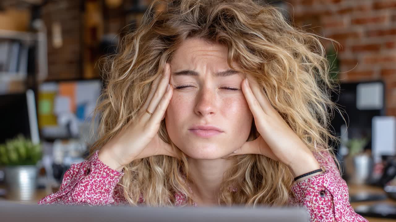 A young woman expresses frustration and stress while working on a computer, visibly overwhelmed and dealing with mental fatigue in a busy office environment